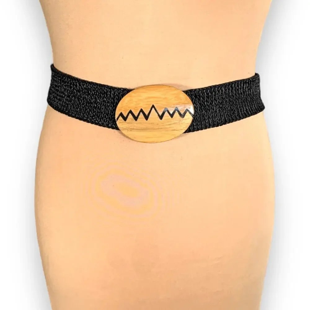 Vintage Black Woven Stretch Belt Wood Buckle Zig Zag Boho Western Festival